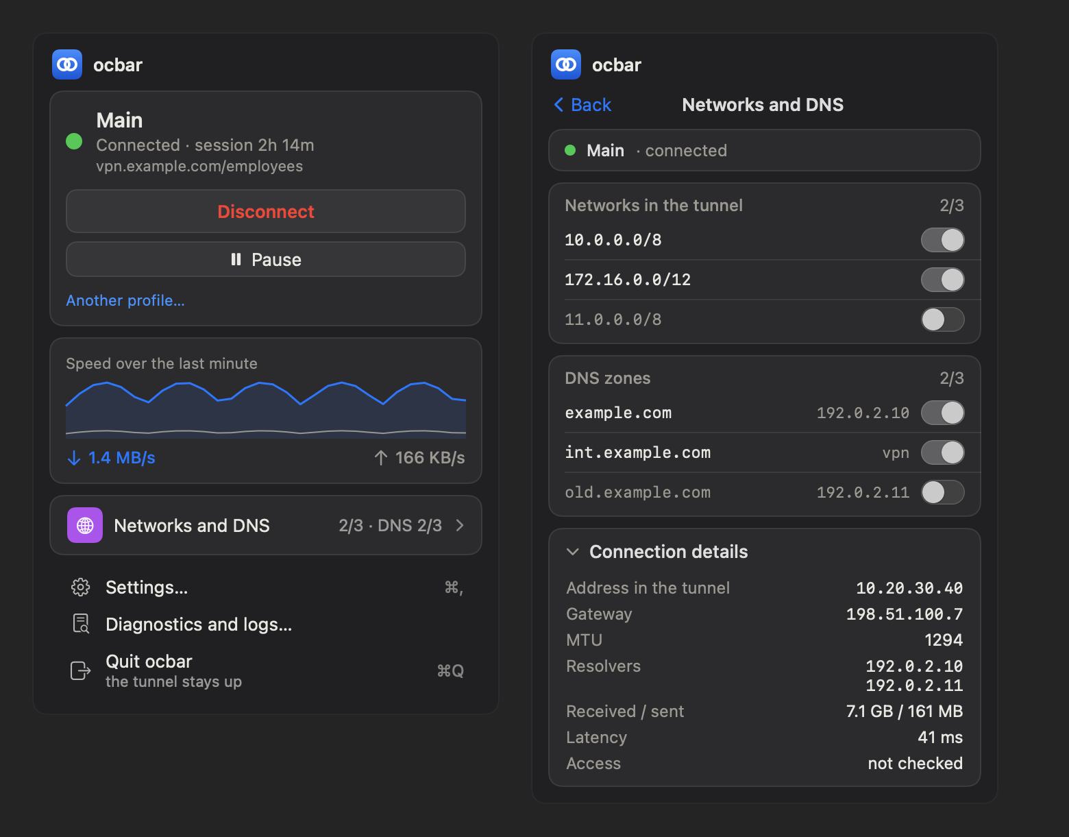 Real ocbar interface with a connected demo profile, traffic chart, network switches and DNS zones